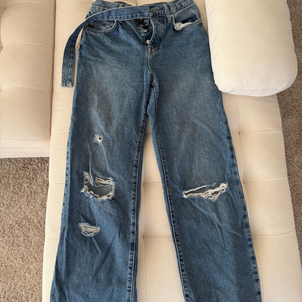 Forever 21 Blue Straight Leg Jeans with Distressed Details